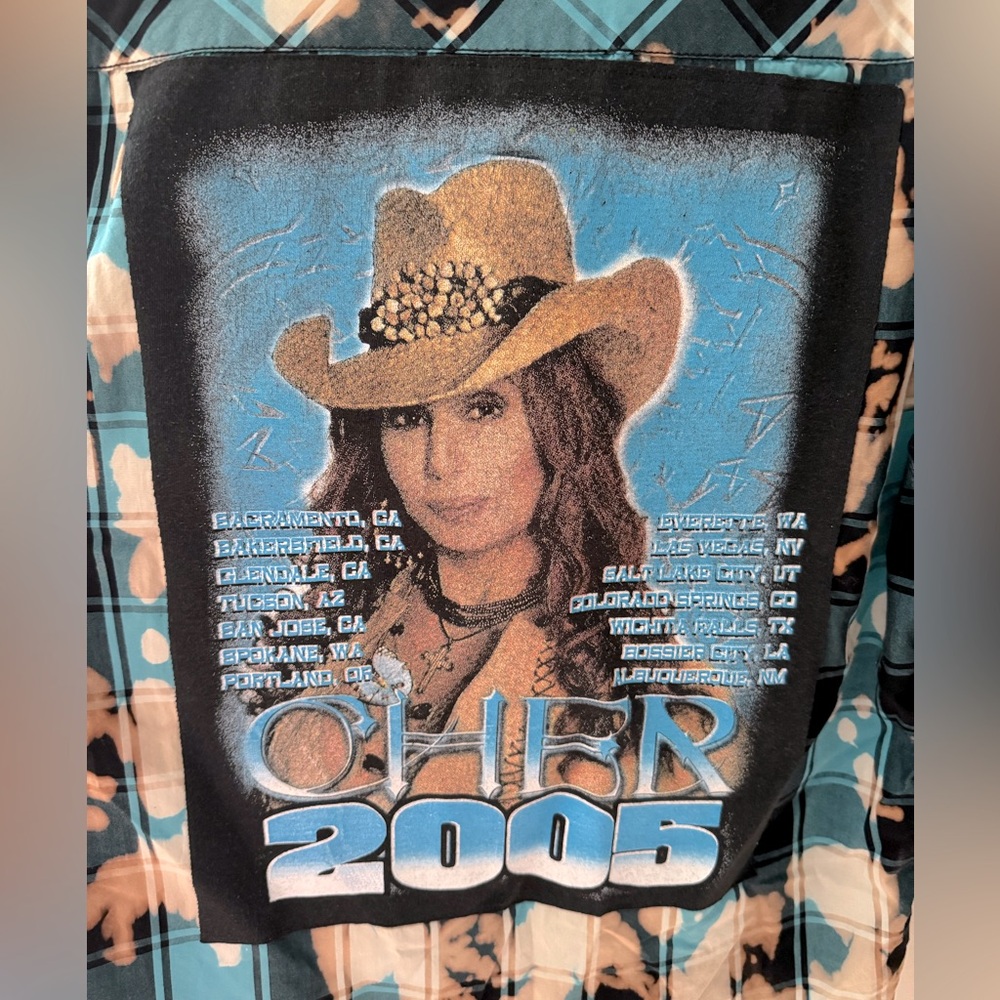 Y2K Western POINT ZERO Cher 2005 Acid Washed Blue Tan Plaid Button Down Shirt M - Picture 3 of 10